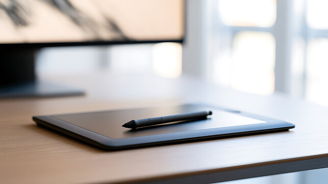 Graphic tablet and stylus pen on a modern wooden office desk with computer monitor display in the bright and clean workspace studio background