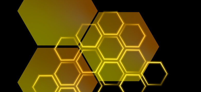 Futuristic technology honeycomb structure with glowing orange neon hexagon lines on black background