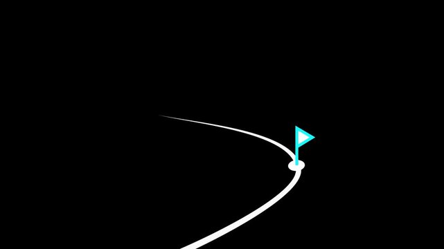 Winding road infographic roadmap with four cyan destination flag markers on a black background. Modern journey path timeline for business goal achievements and project milestones