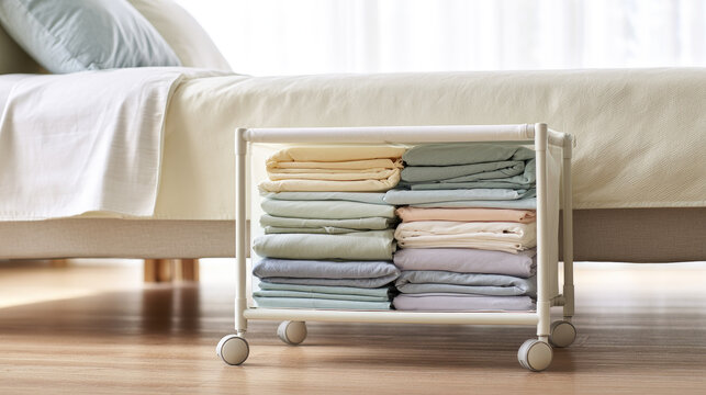 White metal storage cart filled with folded pastel linen beside bed in bright bedroom, featuring swivel wheels, soft light, and airy Scandinavian decor with negative space