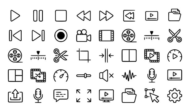 Video Editor and Media Playback Line Icon Collection with Timeline Audio and Film Controls