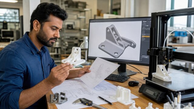 Mechanical Engineer Inspecting 3D Printed Prototype with CAD Design and Desktop Printer