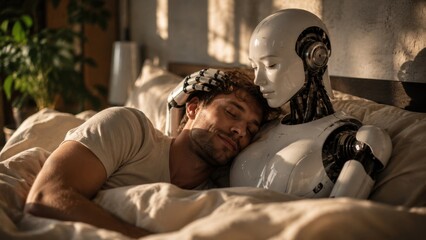 Obraz premium Man Sleeping with Humanoid Robot in Bed, Futuristic AI Companion and Human Robot Relationship