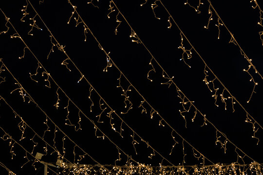 String lights hang overhead at an outdoor gathering during the evening hours in a Christmas festive setting