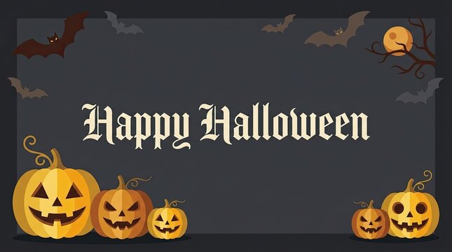 Happy halloween greeting card design with carved jack o lanterns and flying bats on dark background