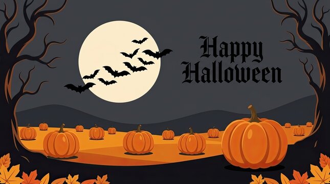 Happy halloween greeting card background with a full moon bats and a field of orange pumpkins at night
