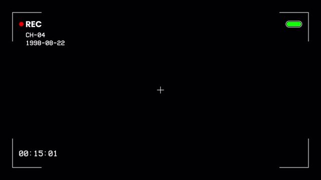 Security camera recording screen viewfinder frame overlay with timer on black background