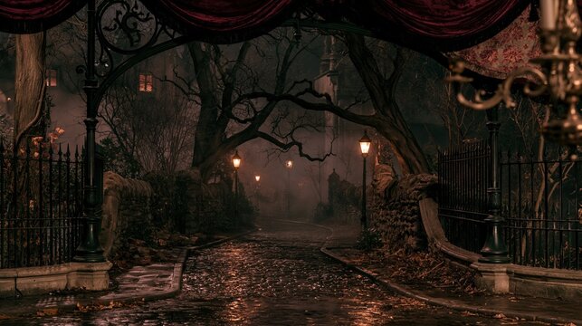 Wet cobblestone lane winding through a foggy gothic environment with glowing lanterns and bare trees, for horror and mystery storytelling