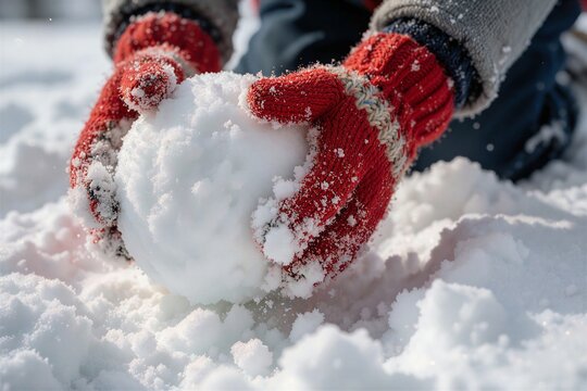 Close-up of hands in red mittens building a snowman with fresh, powdery snow, capturing the joy of winter play.