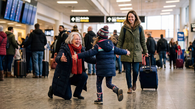 People gather at the airport arrivals area as a child runs to greet a family member. Smiles and laughter fill the scene as travelers reunite with loved ones