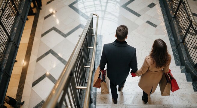 Couple walking away with Christmas shopping bags down a grand marble staircase under a skylight.