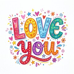 Fototapeta premium Love You Hand Lettering Illustration with Colorful Doodle Hearts and Decorative Elements 