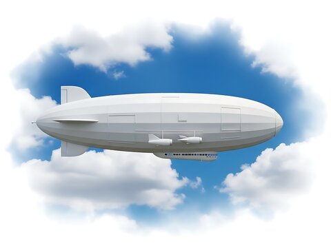 Modern gray airship flying through fluffy white clouds