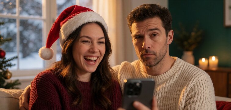 Joyful moment of Christmas laughter shared between a woman in a Santa hat and a man indoors.