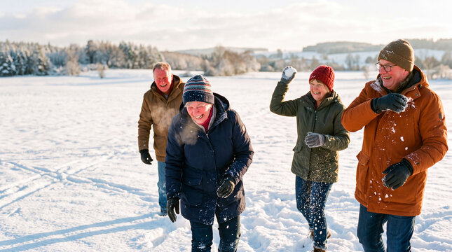 A group of friends in their sixties gather outside in a snowy landscape. They smile and play in the snow, enjoying the winter weather and each other's company