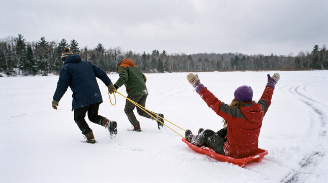 Two friends are pulling a third friend on a plastic sled across a snowy flat area in winter. Trees surround the area as they enjoy their time together outdoors