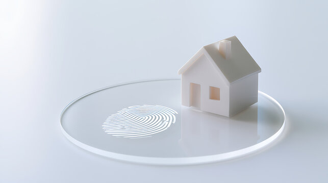 A small white model house placed next to a glowing digital fingerprint scan symbol on a clear circular glass surface with bright studio ligh