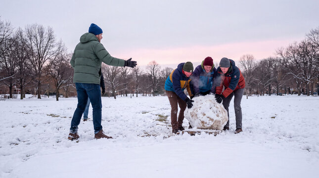 Four friends build a large snowball in a park under the soft light of evening. They laugh and work together in the cold winter weather, enjoying their time