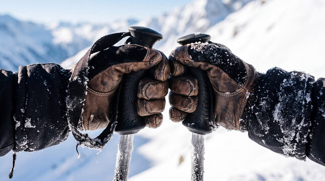 Gloved hands are holding ski poles firmly in a snowy mountain area during winter. The sunlight shines on the surrounding snow and peaks
