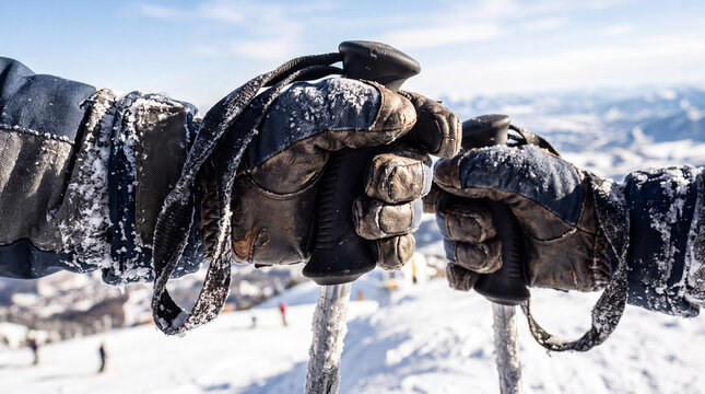 Gloved hands hold ski poles tightly as skiers prepare for a descent on a snowy mountain. The background shows other skiers and a clear blue sky above