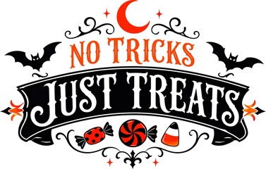 Obraz premium halloween party poster No Tricks Just Treats Vintage Halloween Typography Banner Design with Flying Bats, Crescent Moon, and Candy Sweets