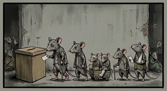 Poor and injured mice queueing up to vote at a ballot box in a dark alley, conceptual vector illustration of political satire and social inequality.