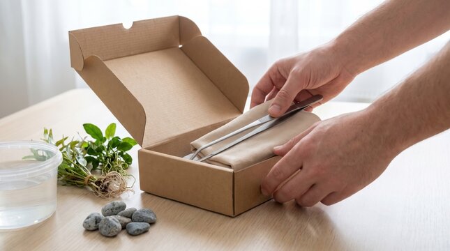 Hands packing metal aquascaping tools and green aquatic plants into a cardboard shipping box