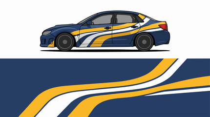Fototapeta premium Blue and yellow sports car with racing stripes illustration