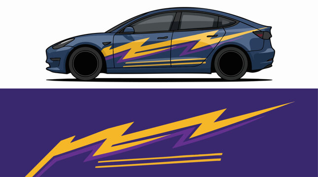 Blue electric car with lightning bolt decals side view
