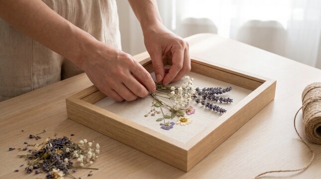 Hands placing a small bouquet of dried flowers and lavender into a wooden shadow box frame