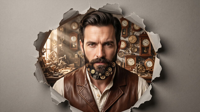 Man with gear beard looking at camera through torn paper revealing clockwork workshop. Steampunk, invention, timekeeping, mechanical design.