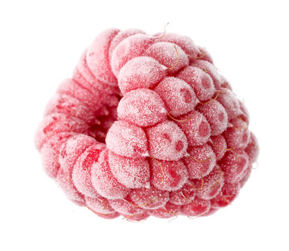 One frozen red raspberry isolated on white