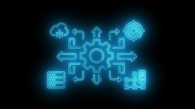 Futuristic glowing blue neon central gear engine connected to cloud server storage and multidirectional arrow distribution channels