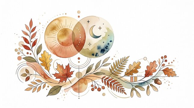 Abstract equinox design with symbolic sun and moon autumn decorations on white background with copy space, clean modern watercolor style
