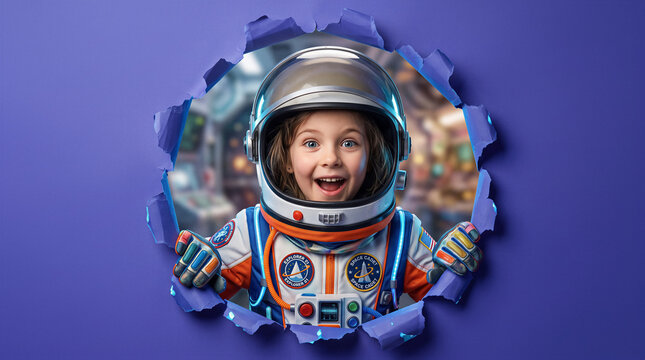Young girl in astronaut suit looking at camera through torn purple wall. Education, space travel, childhood dreams, science fiction.