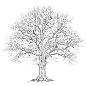 Detailed sketch of a leafless deciduous tree isolated on white background