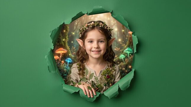 Young girl with elf ears peeking through torn green paper into magical forest. Fantasy, children, holiday, advertising.