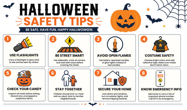 Halloween Safety Tips 8 Step Infographic with Warning Icons