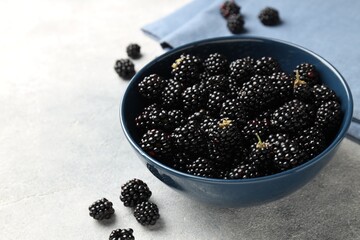 Ripe blackberries in bowl and towel on light grey table, closeup © New Africa