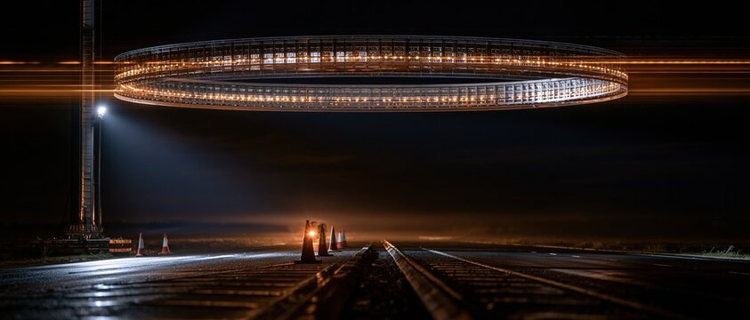 Glowing retroreflective ring floating above a wet asphalt road at night, featuring industrial safety equipment for commercial advertising and copy space