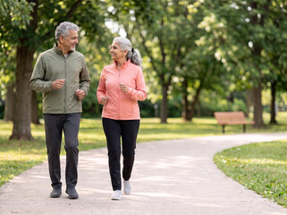 Fototapeta premium healthy senior Indian couple jogging together while smiling and looking warmly at each other in a lush green park with curved pathway and copy space