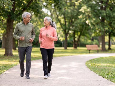 active healthy senior Indian couple running side by side with warm eye contact and genuine smiles in peaceful green park with right copy space