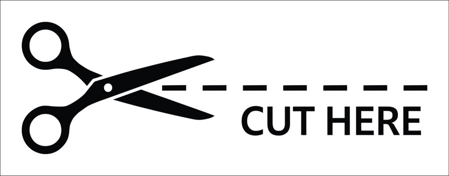 Black scissors icon with a dotted cutting line and "Cut Here" text on a transparent background, representing coupon cutting, paper trimming, crafting, packaging guides, printable templates