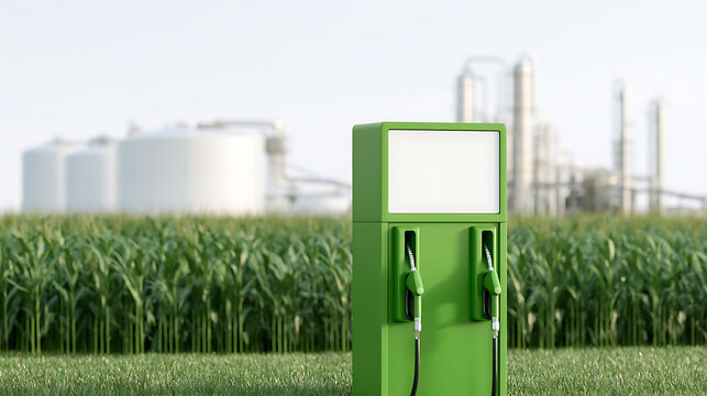 Biofuel gas station pump in front of a corn field and an industrial processing plant for renewable energy production and sustainable fuel concept