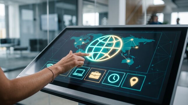 Futuristic interactive digital touch screen interface displaying global network map, hand pointing at data analytics icons, modern business technology concept