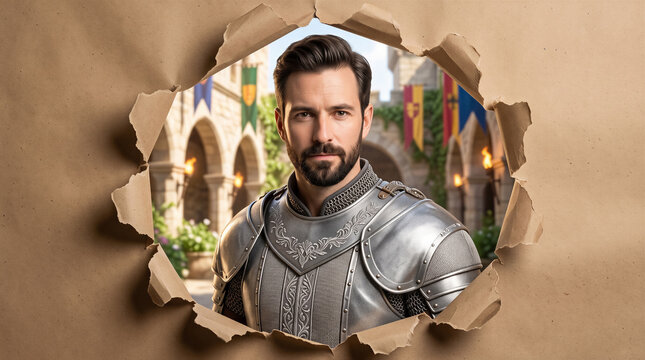 Knight in detailed armor looking at camera through torn paper revealing castle courtyard. Gaming, fantasy, medieval theme, roleplay, adventure.