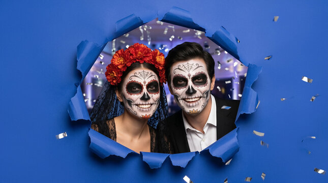 Couple with sugar skull makeup peeking through torn blue paper. Day of the dead, celebration, party, confetti, costume.
