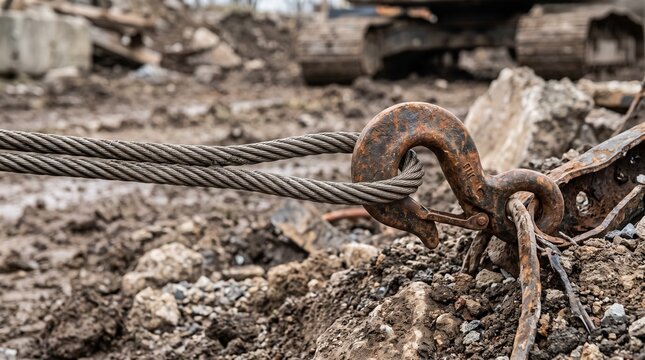 Heavy duty steel wire rope with rusty metal hook on muddy ground.