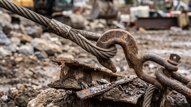 Close up of rusty industrial hook and steel cable on construction site.