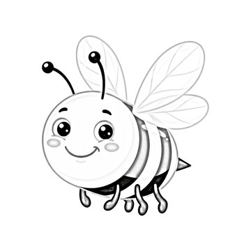Cute cartoon bee illustration, black and white line art character for kids coloring page.